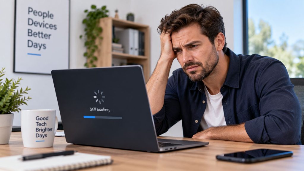Frustrated user with a slow laptop needing repair in Perth