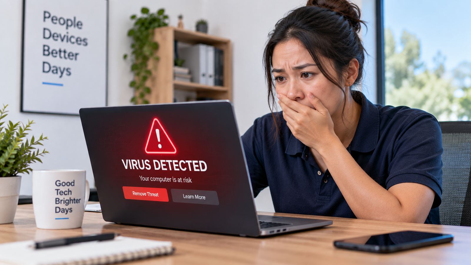 Laptop screen showing a virus warning icon